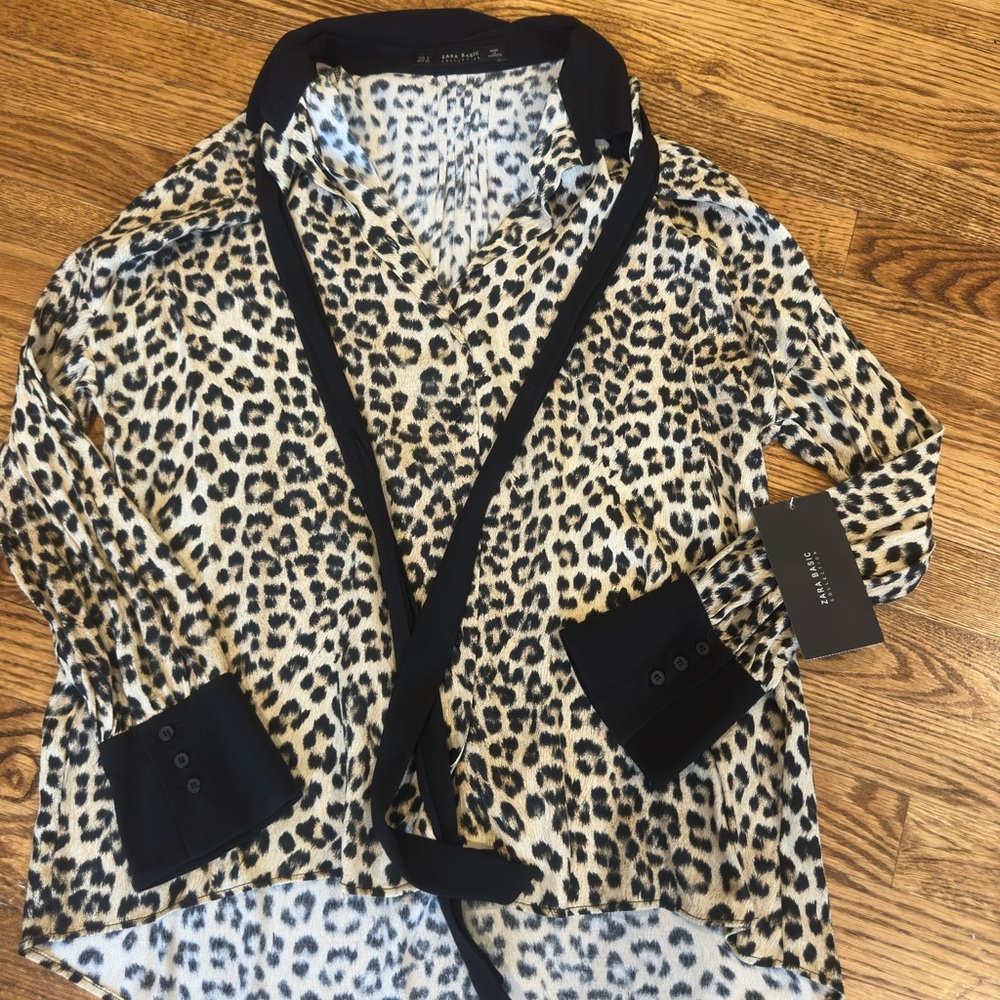 Zara Leopard Print Blouse with Tie Neck. NWT
